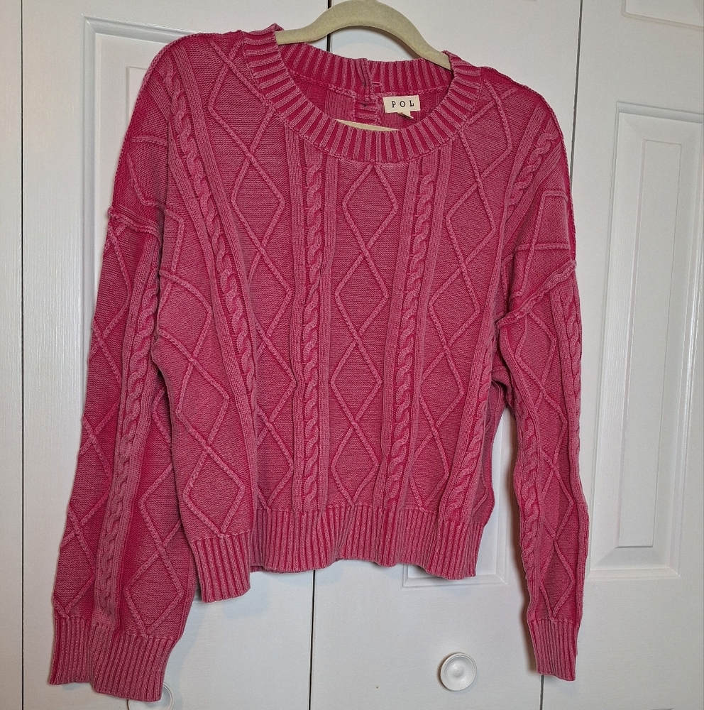 POL Women's Pink Cropped Cable Knit Sweater